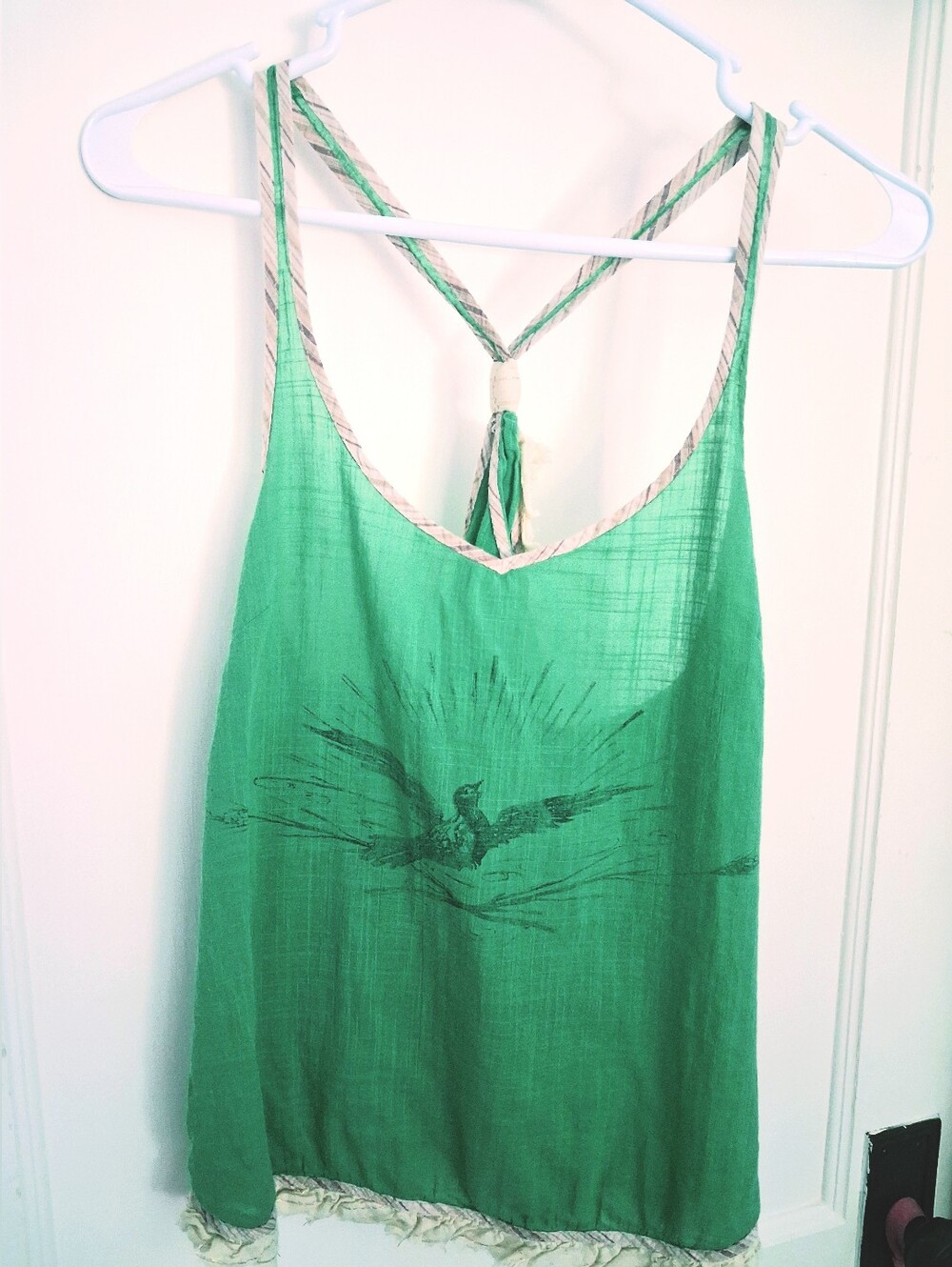 Green FREE PEOPLE Bird-Print  Camisole w Braid Straps, Open Back, Lace Trim Med